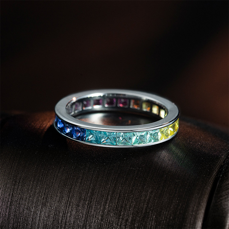 Eternity Rainbow Princess Cut Ring in 925 Sterling Silver