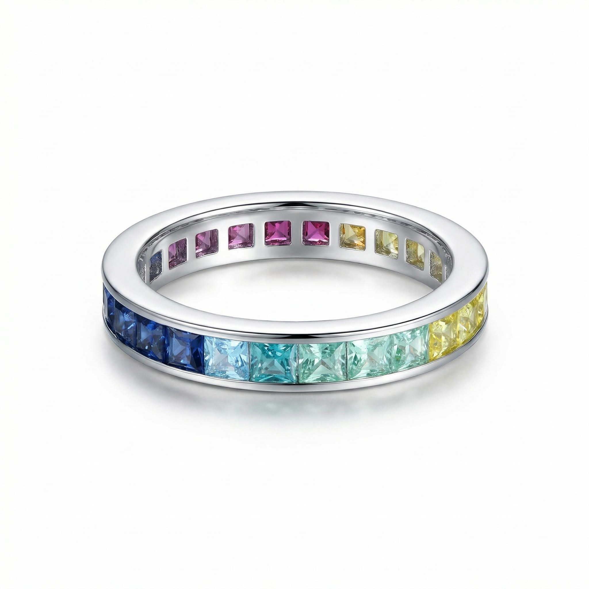 Eternity Rainbow Princess Cut Ring in 925 Sterling Silver