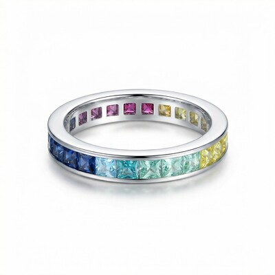 Eternity Rainbow Princess Cut Ring in 925 Sterling Silver