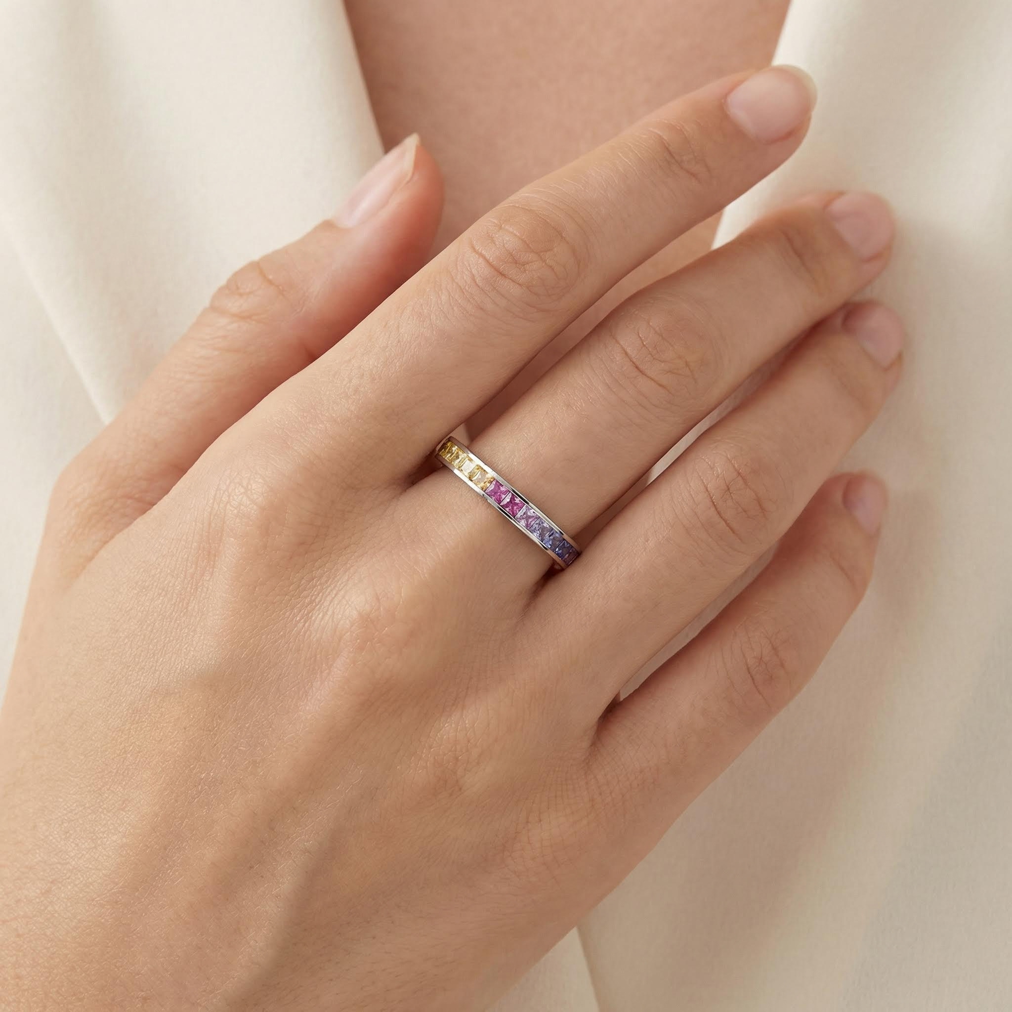 Eternity Rainbow Princess Cut Ring in 925 Sterling Silver
