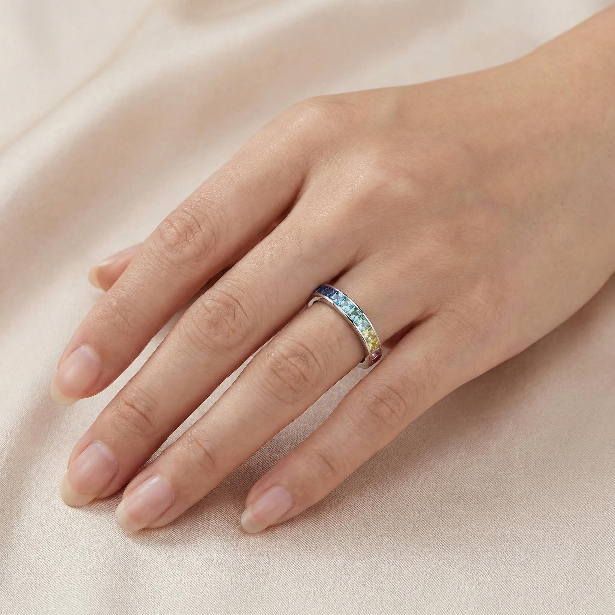 Eternity Rainbow Princess Cut Ring in 925 Sterling Silver