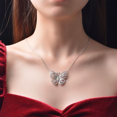 Iced Butterfly Round Cut Necklace in Sterling Silver
