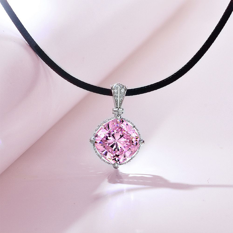 Simple Pink Cushion Cut Sterling Silver Pendant with Magnetic Leather Rope