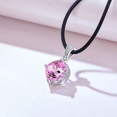 Simple Pink Cushion Cut Sterling Silver Pendant with Magnetic Leather Rope