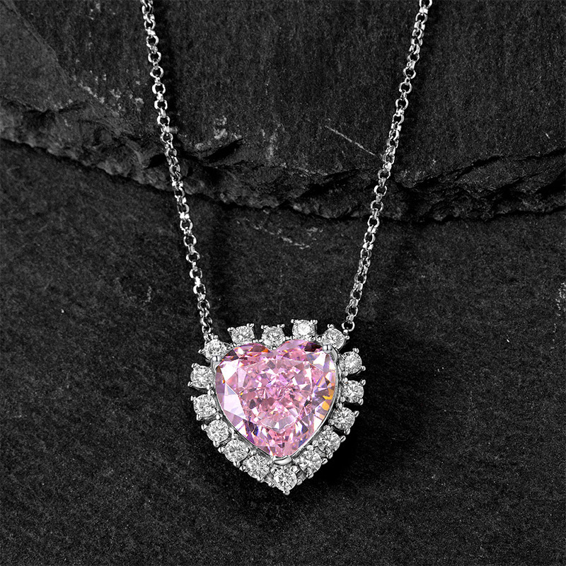 Pink Heart Cut Halo Sterling Silver Necklace