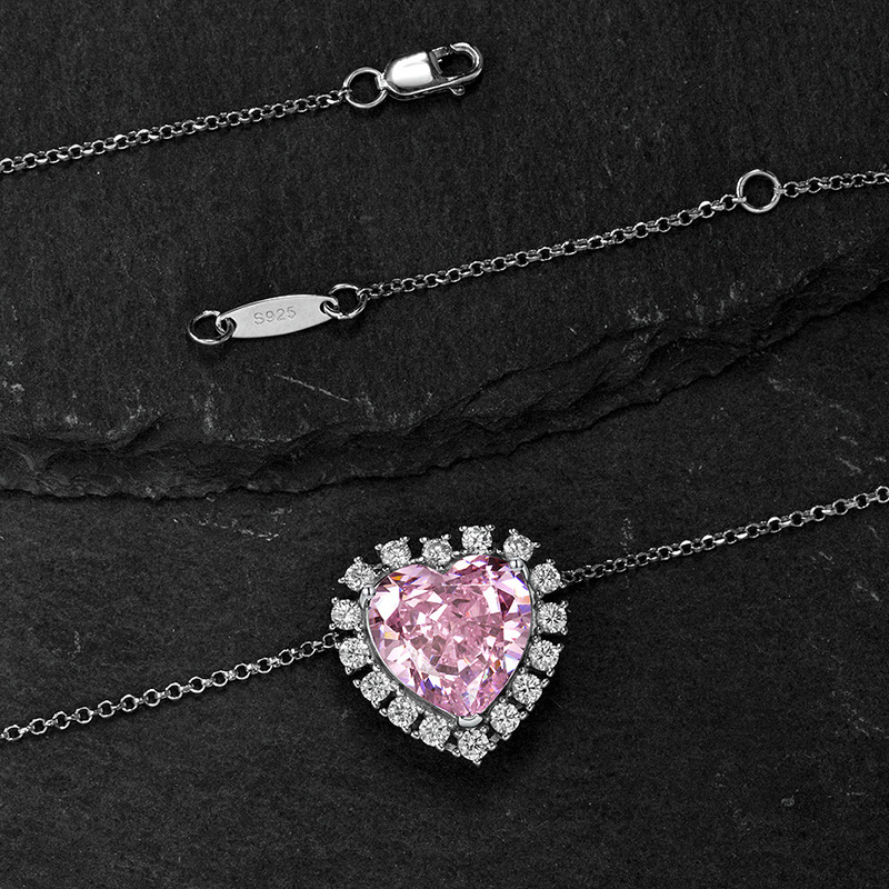 Pink Heart Cut Halo Sterling Silver Necklace
