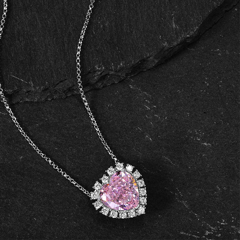 Pink Heart Cut Halo Sterling Silver Necklace
