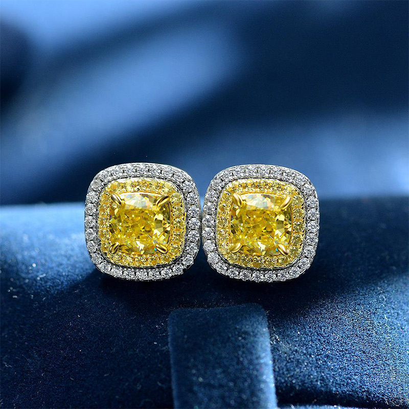 Fancy Vivid Yellow Cushion Cut Double Halo Sterling Silver Earrings