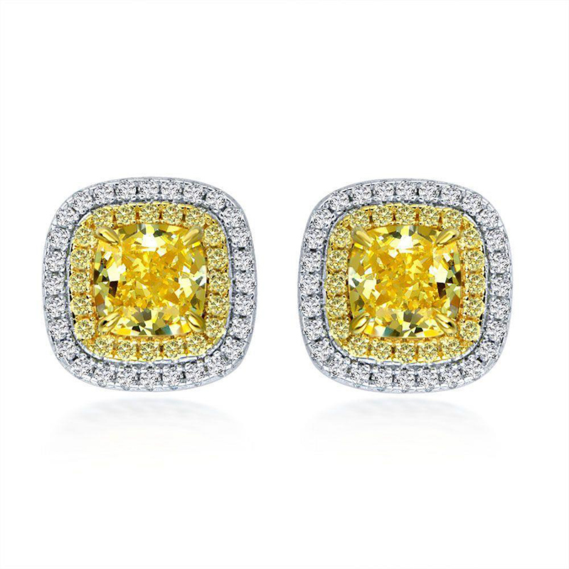 Fancy Vivid Yellow Cushion Cut Double Halo Sterling Silver Earrings