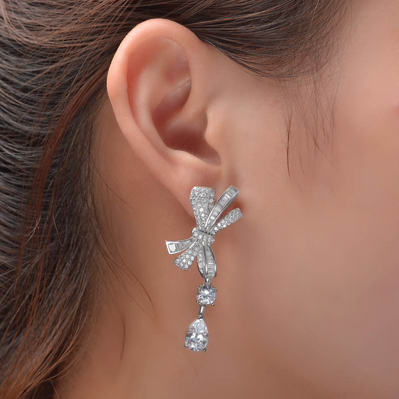 Iced Bowknot & Pear Cut Drop Earring in Sterling Silver Iced Bowknot & Pear Cut Drop Earring in Sterling Silver