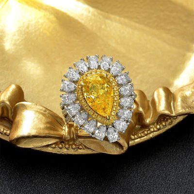 Luxury Fancy Yellow/Pink Pear Cut Halo Ring in Sterling Silver