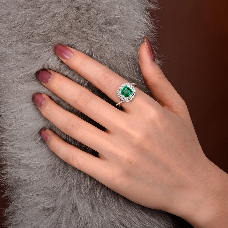  Luxury Emerald Halo Engagement Ring in Sterling Silver
