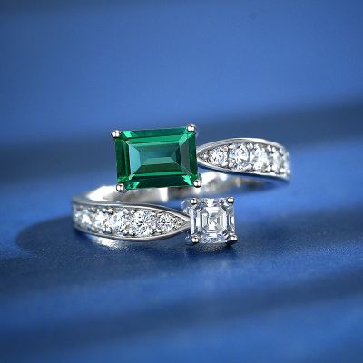 Micro Paved Emerald & Asscher Cut Open Ring in Sterling Sliver