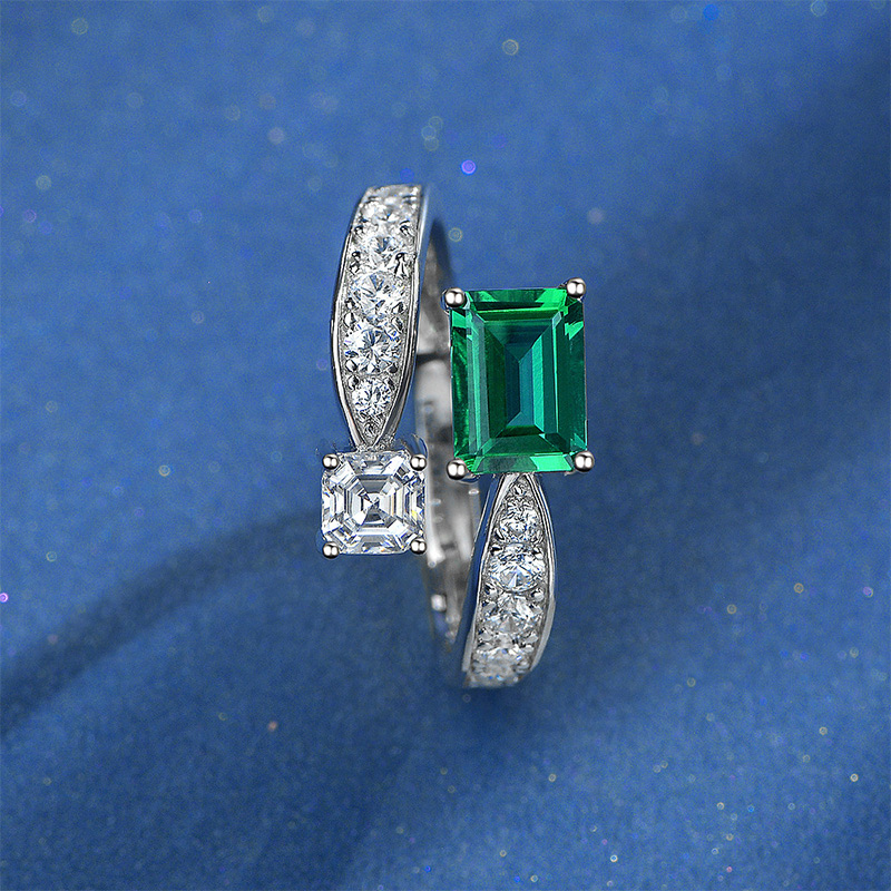 Micro Paved Emerald & Asscher Cut Open Ring in Sterling Sliver