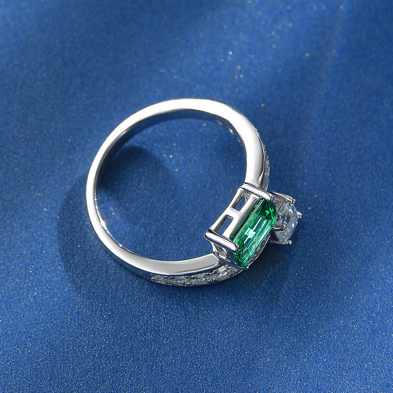 Micro Paved Emerald & Asscher Cut Open Ring in Sterling Silver
