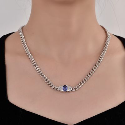 7mm Sapphire Oval Cut Evil Eye Cuban Link Chain in Sterling Sliver