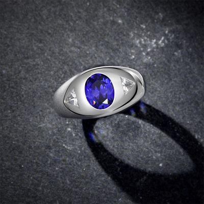 Sapphire Blue Evil Eye Oval Cut Band/Ring in Sterling Silver