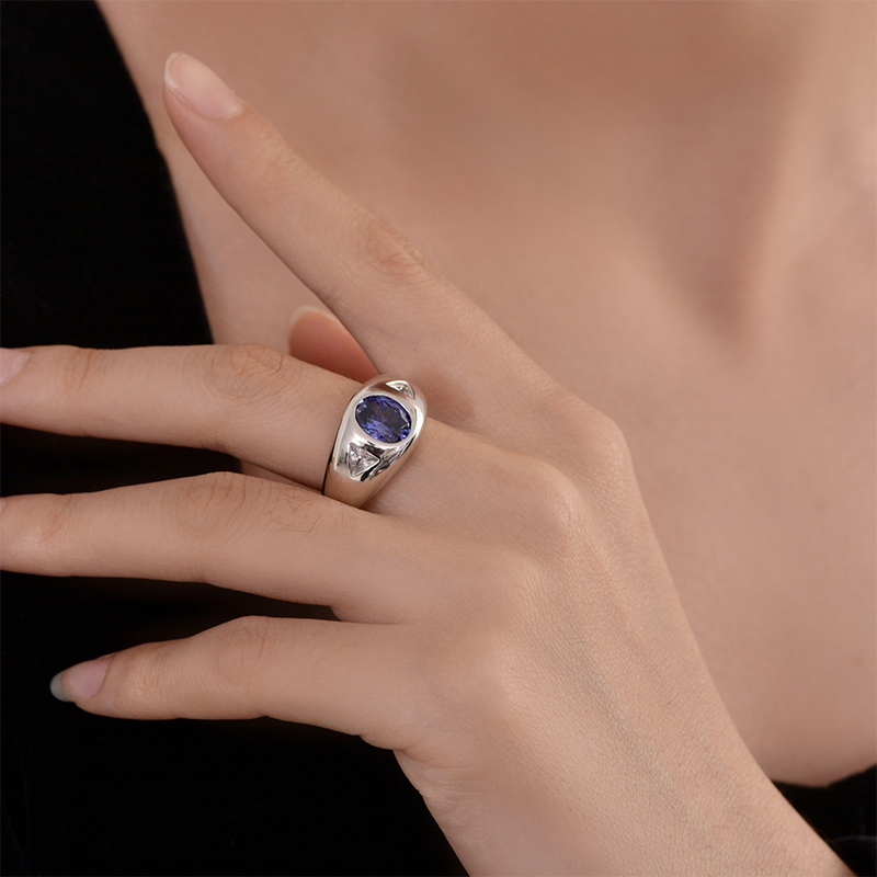 Sapphire Blue Evil Eye Oval Cut Band/Ring in Sterling Silver