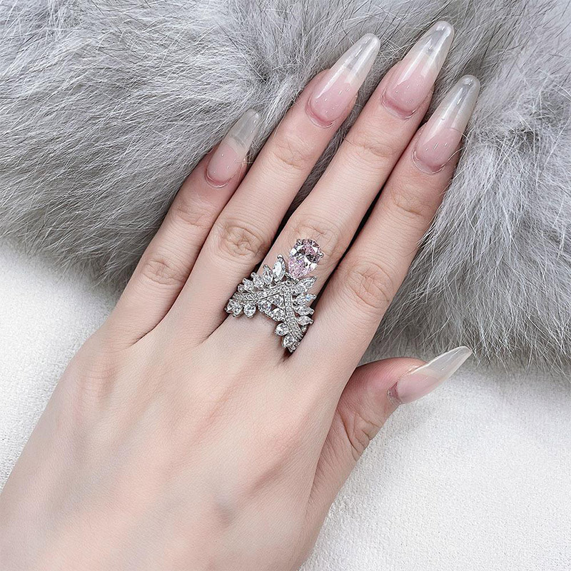 Elegant Micro Paved Feather Crown Sterling Silver Engagement Ring