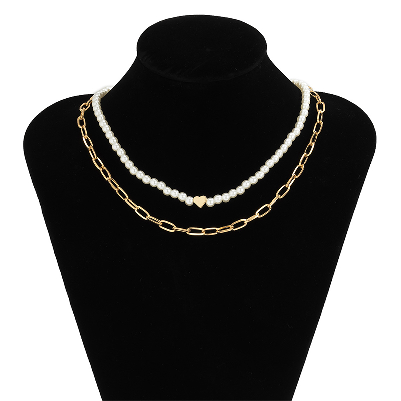 2Pcs Heart Pearl & Rectangle Link Chain Layered Necklace