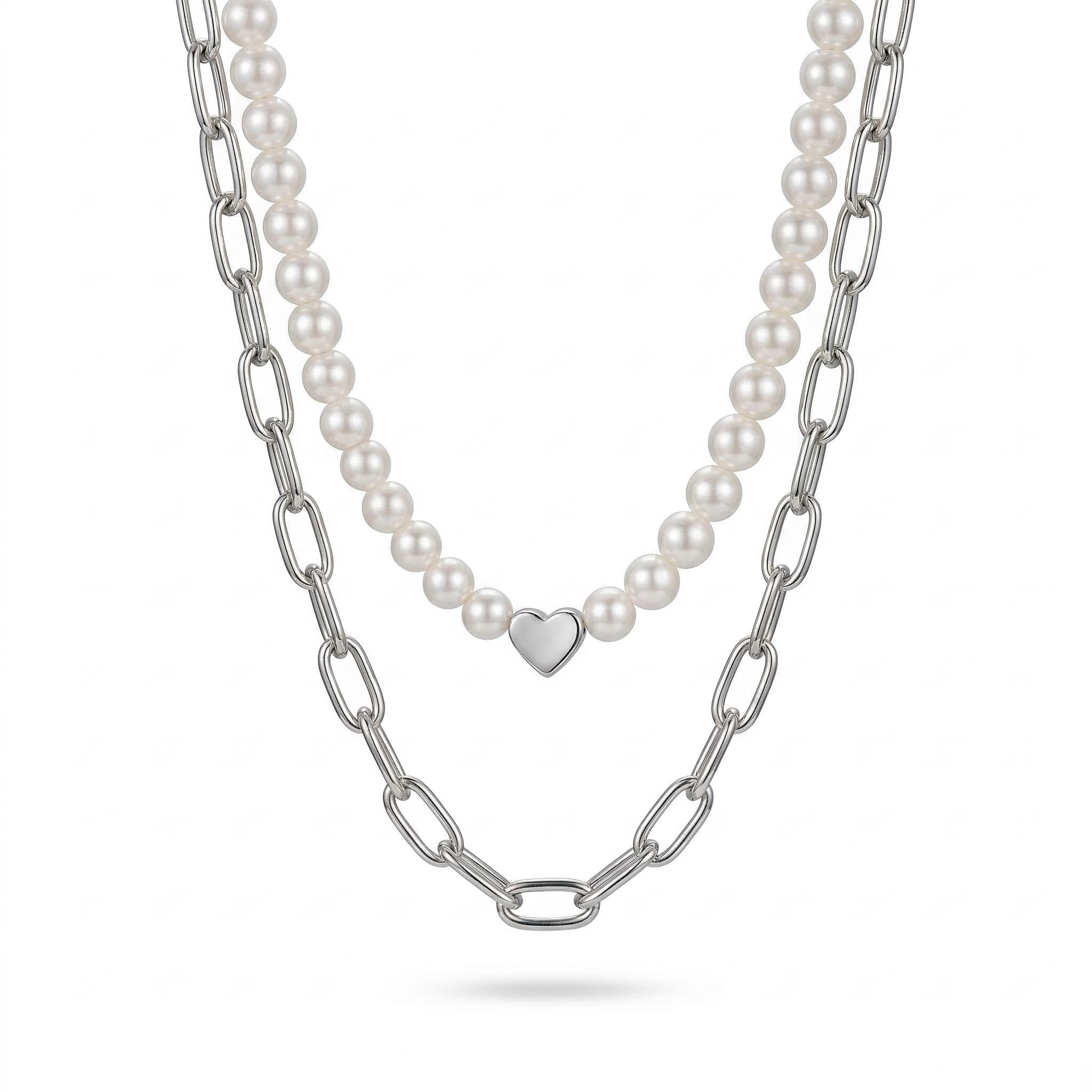2Pcs Heart Pearl & Rectangle Link Chain Layered Necklace