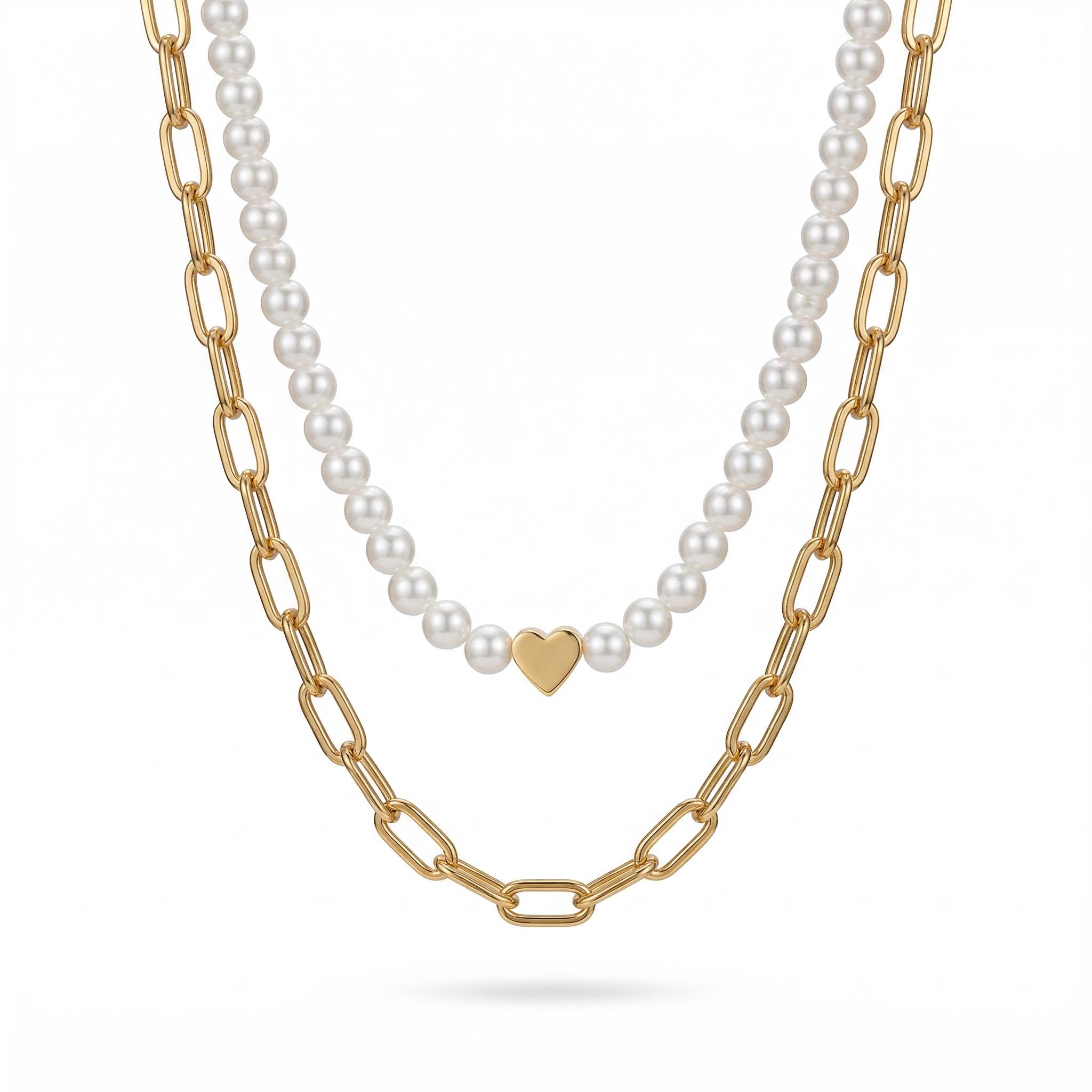 2Pcs Heart Pearl & Rectangle Link Chain Layered Necklace