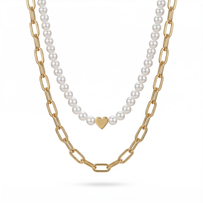 2Pcs Heart Pearl & Rectangle Link Chain Layered Necklace
