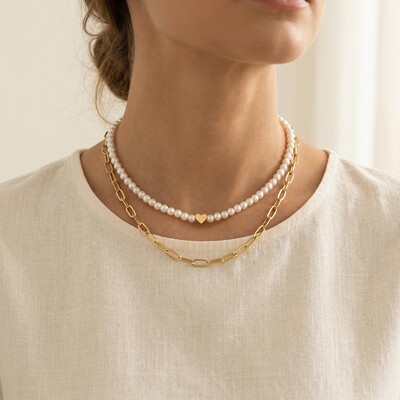 2Pcs Heart Pearl & Rectangle Link Chain Layered Necklace