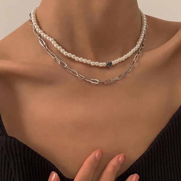 2Pcs Heart Pearl & Rectangle Link Chain Layered Necklace