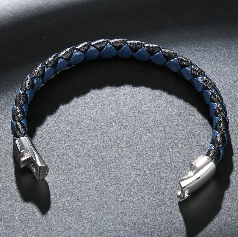 Men's Two-tone Leather Bracelet with Engraved Stainless Steel Magnet Clasp