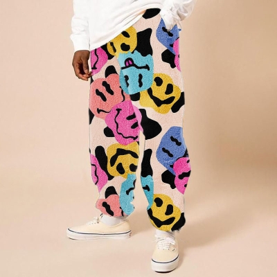Flannel  Colorful Smiley Print Casual Pants