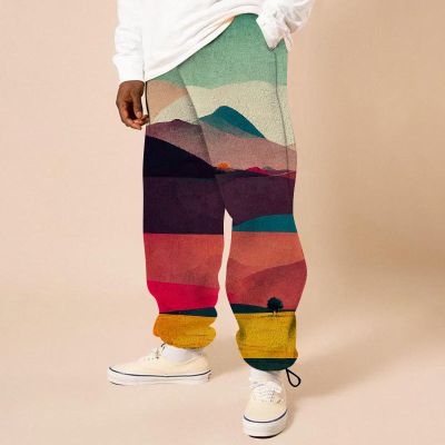 Flannel Colorful Landscape Print Casual Pants