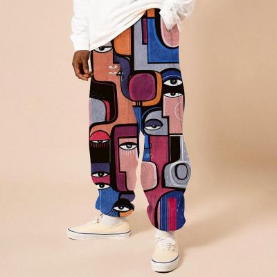 Flannel Abstract Art Print Casual Pants