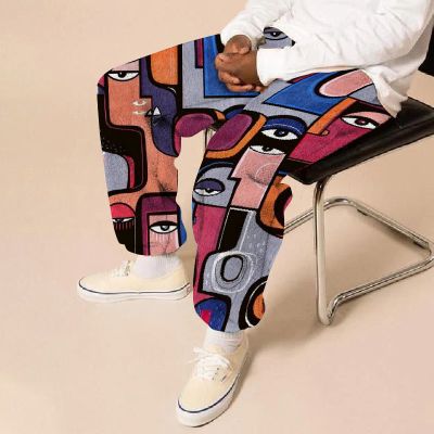 Flannel Abstract Art Print Casual Pants