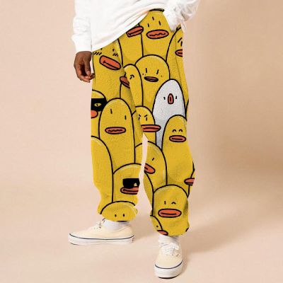 Flannel Cartoon Yellow Duck Pattern Casual Trousers