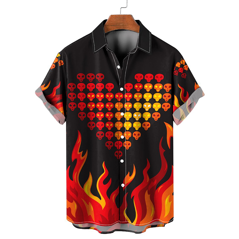 Casual Fire Print Short Sleeve Summer Hawaiian Shirt