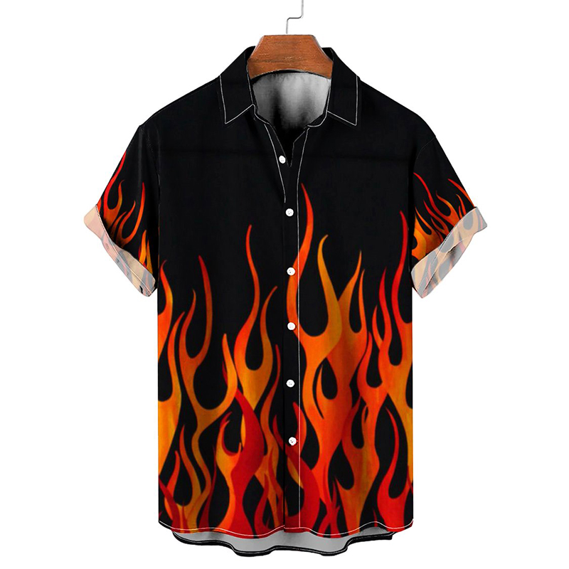 Casual Fire Print Short Sleeve Summer Hawaiian Shirt