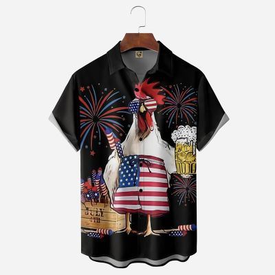 American Flag Rooster Chest Pocket Short Sleeve Shirt