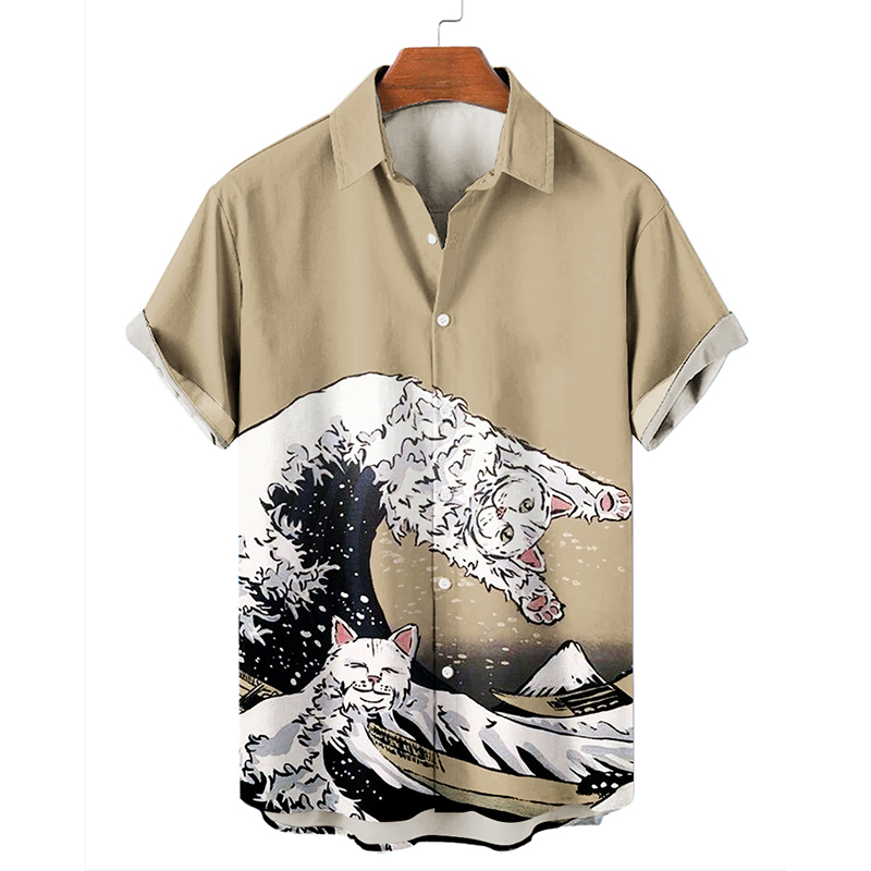 Fun Ukiyoe Cat Print Hawaiian Shirts