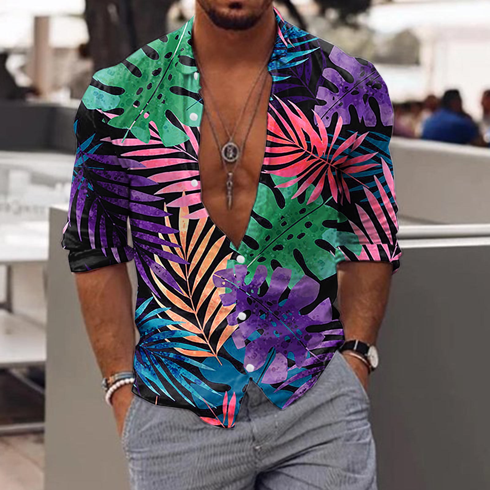 Tropical Floral Print Long Sleeve Resort Shirt
