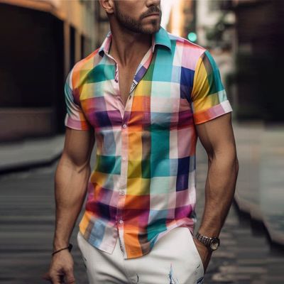 Rainbow Check Print Beach Shirt