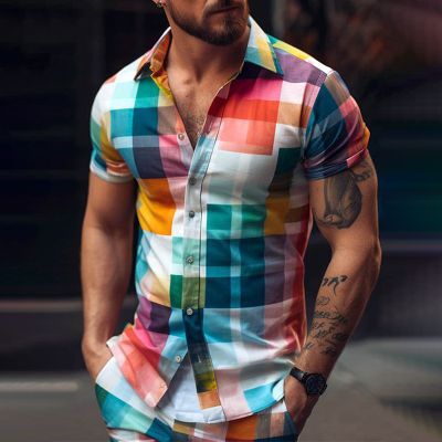 Rainbow Check Print Beach Shirt