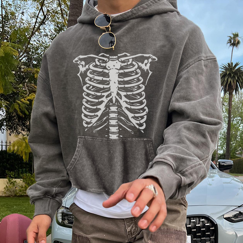 Multicolor Street Skeleton Print Washed Hoodie