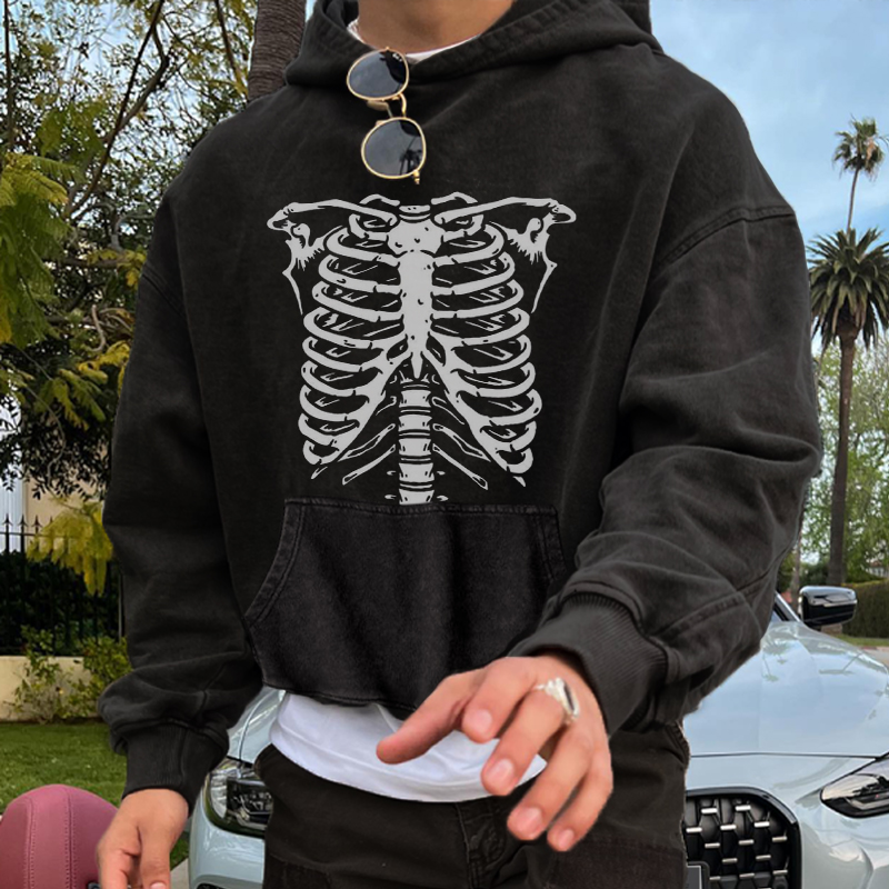 Multicolor Street Skeleton Print Washed Hoodie