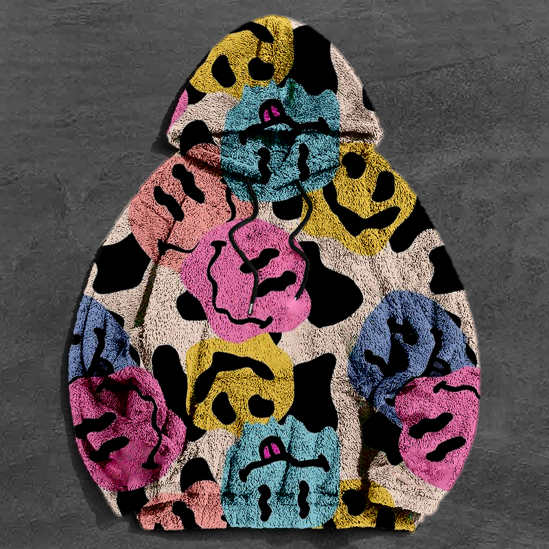 Colorful Smiley Printed Flannel Hoodie