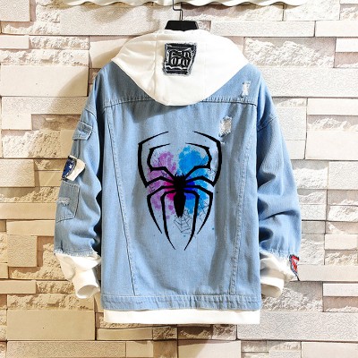 Dyed Spider Print Fake Two Piece Hooded Denim Jacket