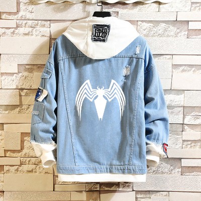 Bat Spider Print Fake Two Piece Denim Hooded Jacket