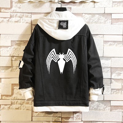 Bat Spider Print Fake Two Piece Denim Hooded Jacket