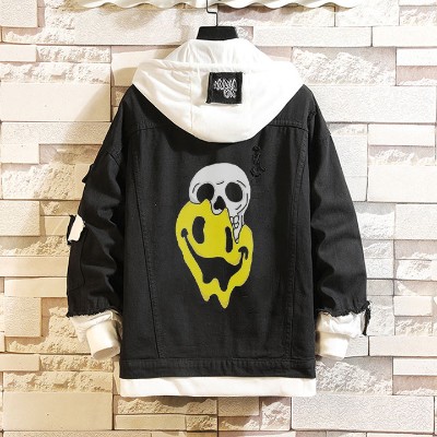 Skull Smiley Print Fake Two-Piece Denim Hooded Jacket