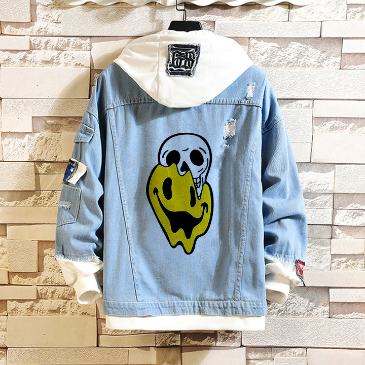 Skull Smiley Print Fake Two-Piece Denim Hooded Jacket